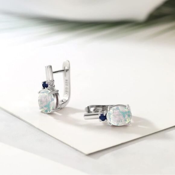 925 Sterling Silver with 3.36 Cttw White Opal and Navy Blue Sapphire Earrings - Picture 2 of 4
